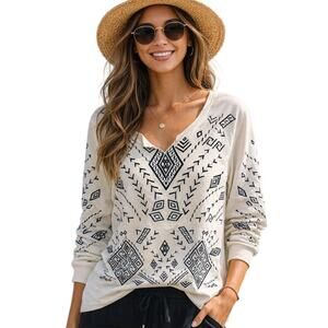 Lucky Lotus Tribal Embroidered Knit Top Womens Large Cream Black Cotton Boho